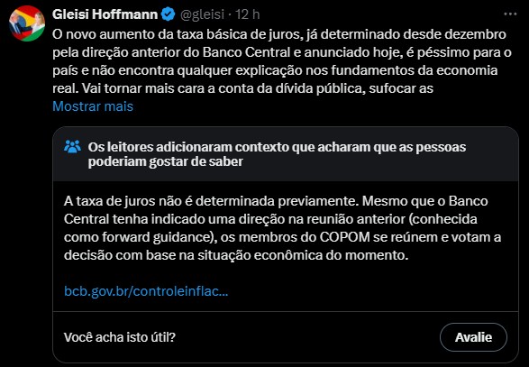 Gleisi e Lindbergh: Correções no Twitter sobre Aumento da Taxa Selic Revelam Confusão sobre Política Monetária