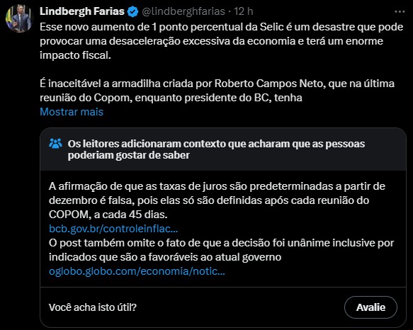 Gleisi e Lindbergh: Correções no Twitter sobre Aumento da Taxa Selic Revelam Confusão sobre Política Monetária