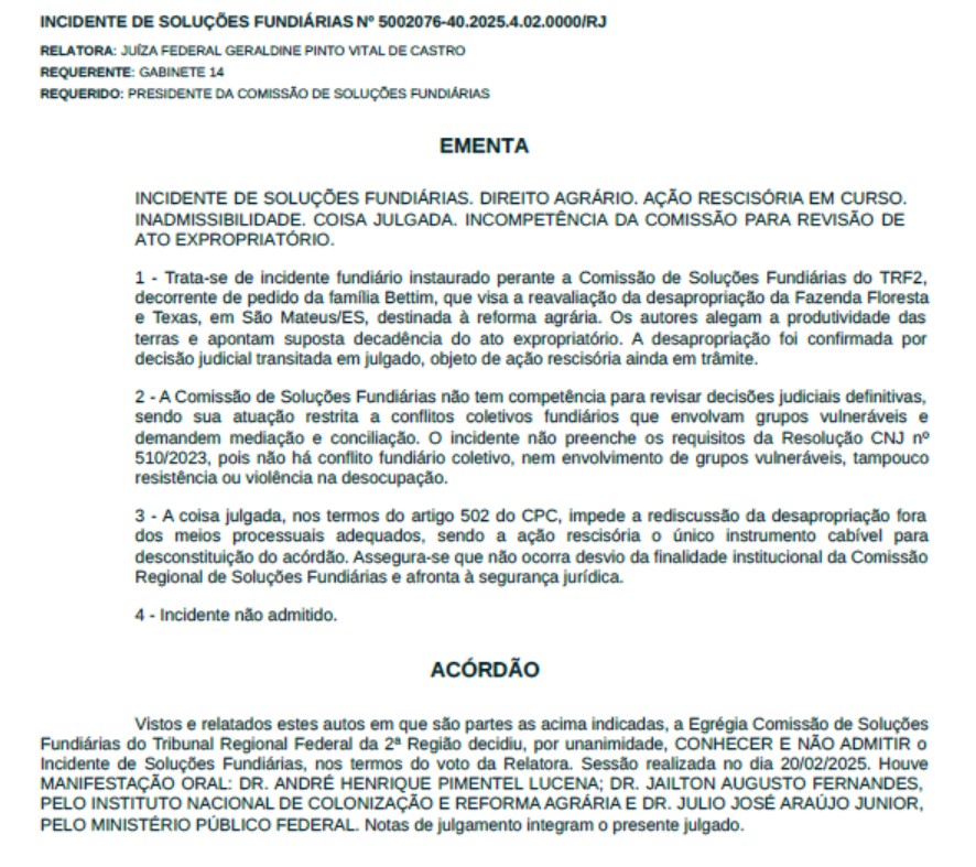 CNJ rejeita análise do processo de desapropriação da família Bettim pelo Incra