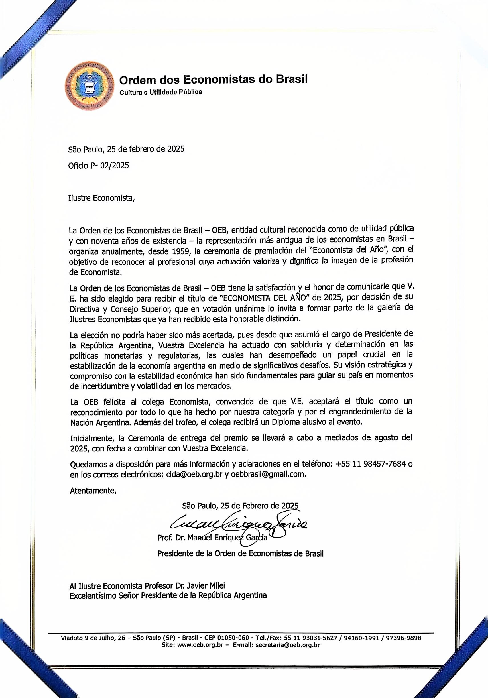 Javier Milei é eleito Economista do Ano pela Ordem dos Economistas do Brasil em 2025